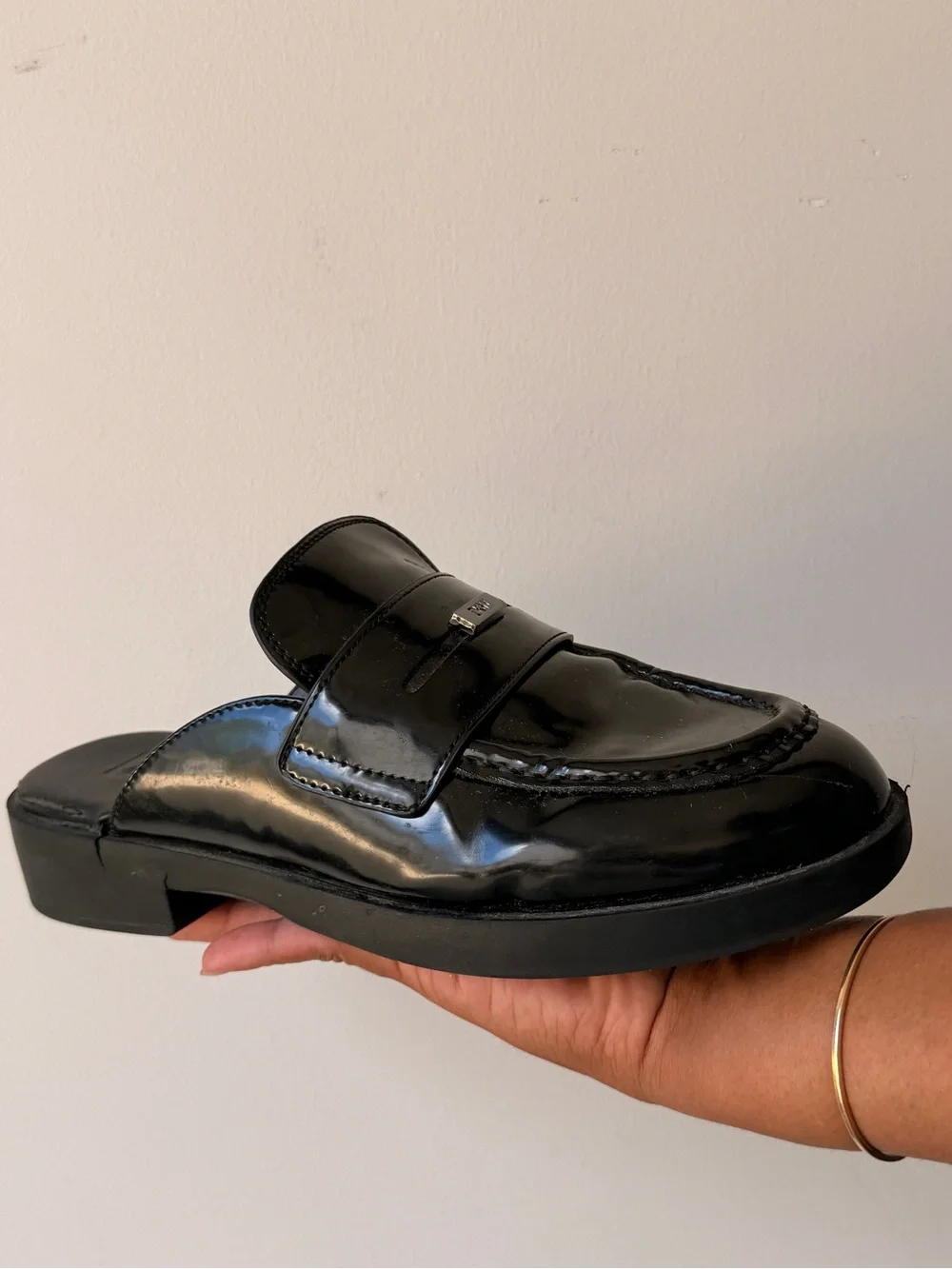 DKNY Black Patent Leather Slip-On Loafers with Metal Logo